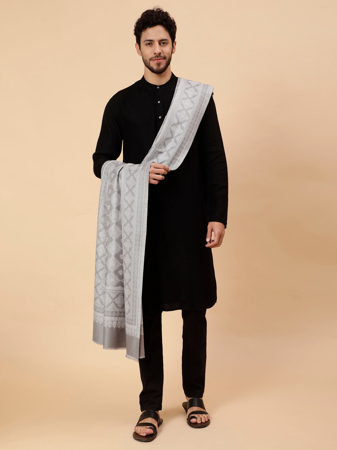 Tweedle Reversible Barfi Design Grey Shawl for Men- Size - 40 x 80 inches