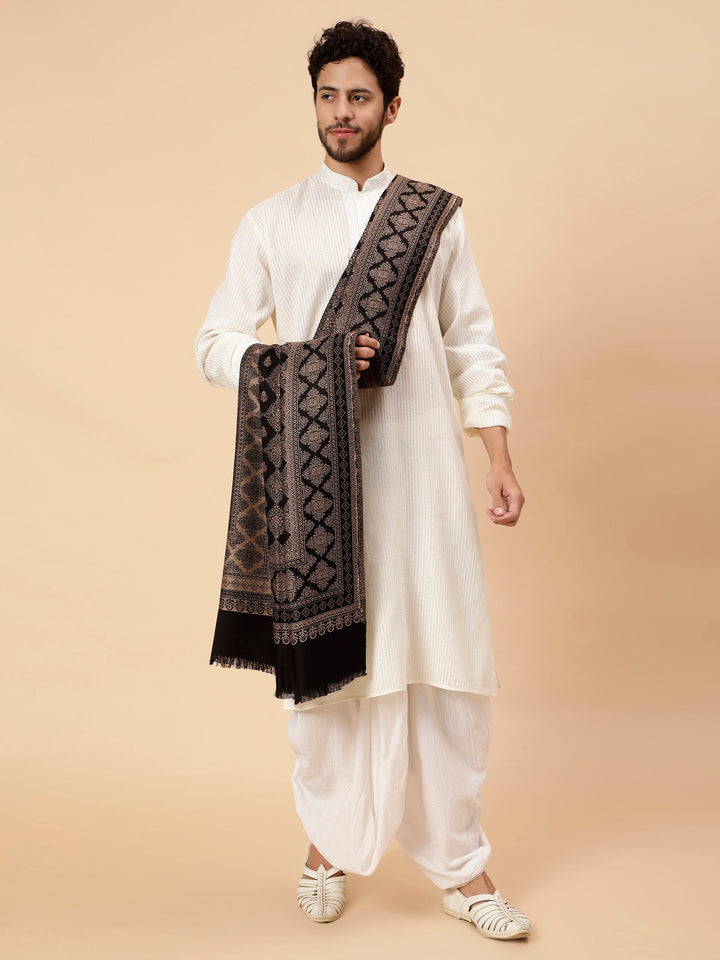 Tweedle Reversible Barfi Design Black Shawl for Men- Size - 40 x 80 inches