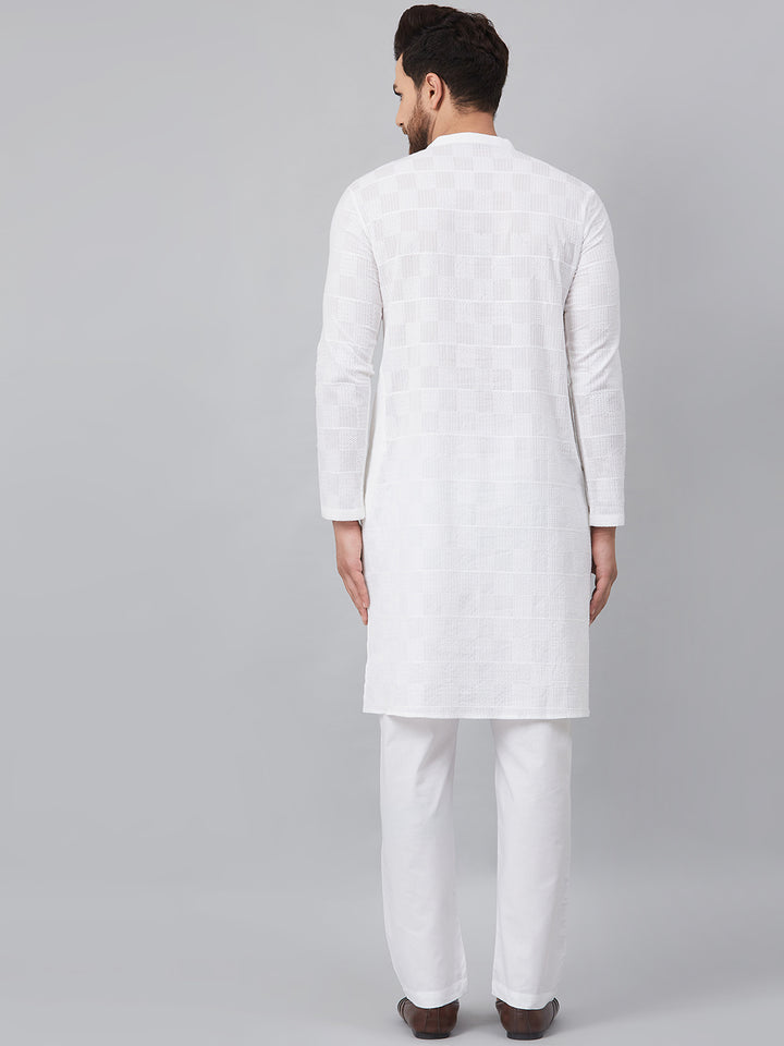 White Green Chikankari Embroidered Woven Design Straight Kurta With Pyjama