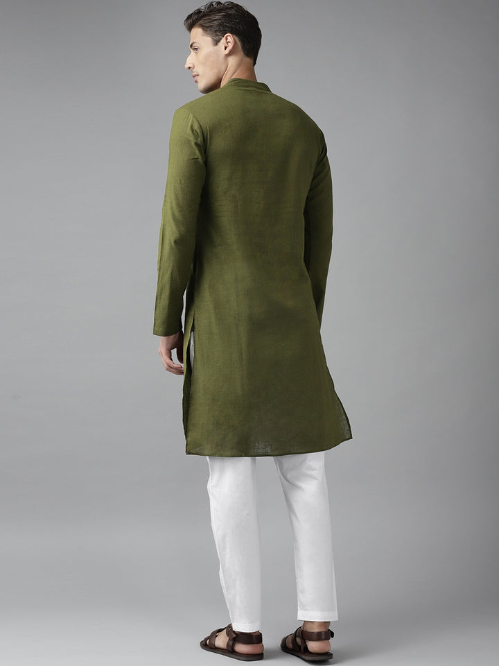 Men Olive Green Cotton Slub Straight Kurta with Pyjama