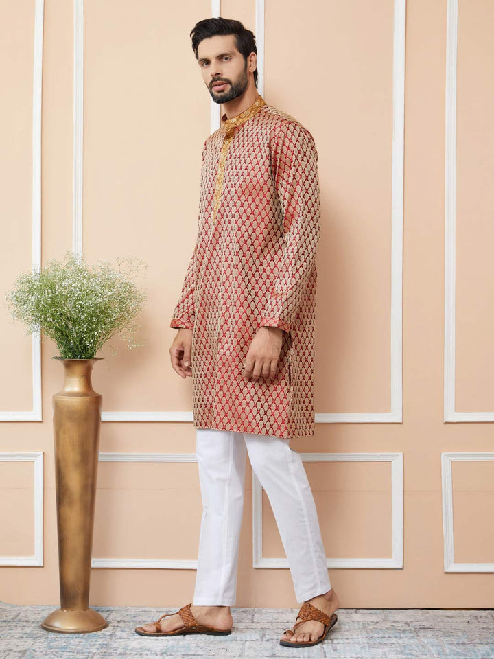 Red-Beige Ethnic Motifs Silk Jacquard Woven Design Straight Kurta with Pyjama with Embroidered Neckline