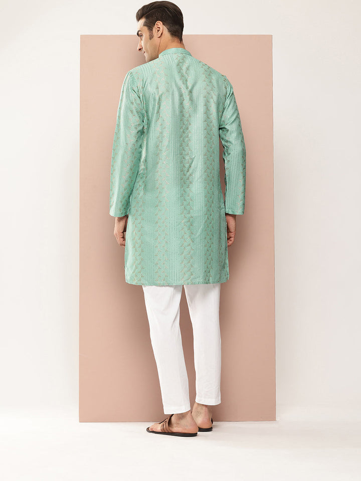 Men’s Ice Green Chanderi Silk Kurta with Embroidery and Sequins, Paired with Pyjama