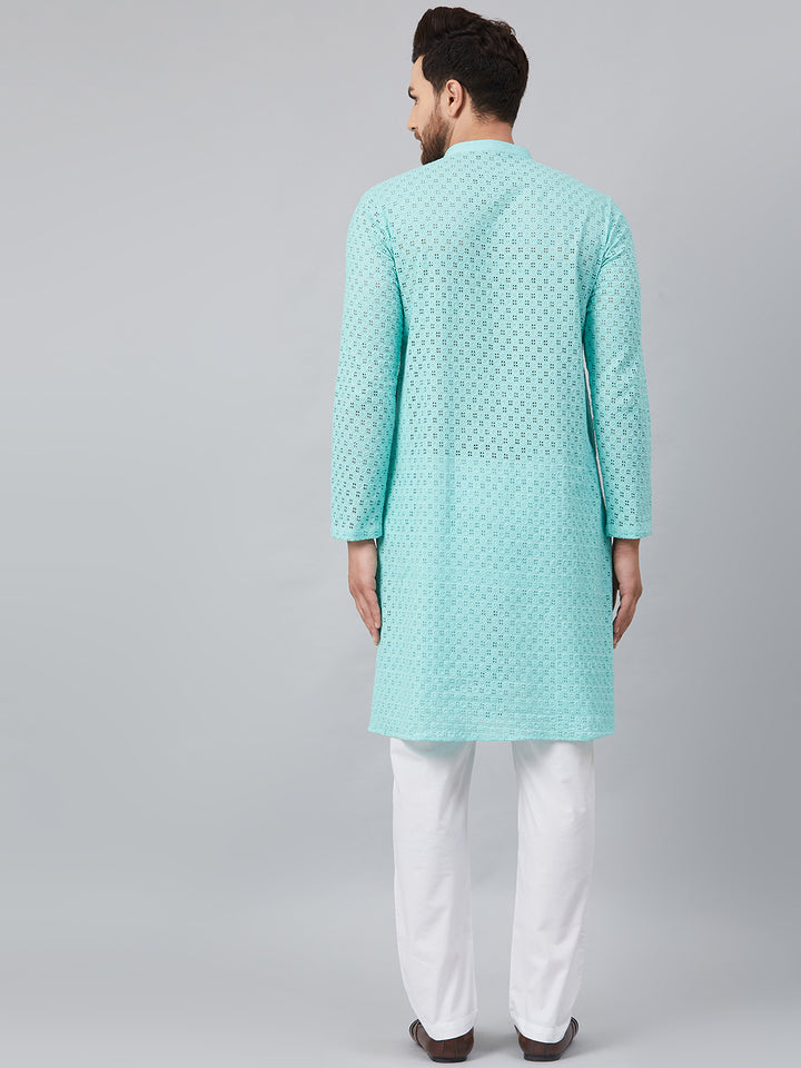 Lime Green & Green Chikankari Embroidered Woven Design Straight Kurta With Pyjama