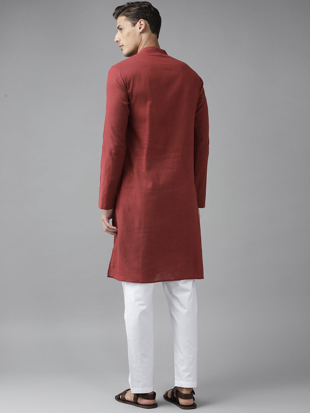 Men Maroon Cotton Slub Straight Kurta with Pyjama