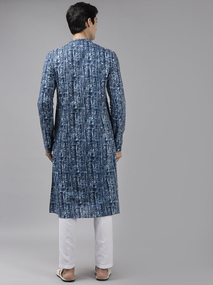 Men Blue Printed Thread Work Indigo Kurta With Pyjama