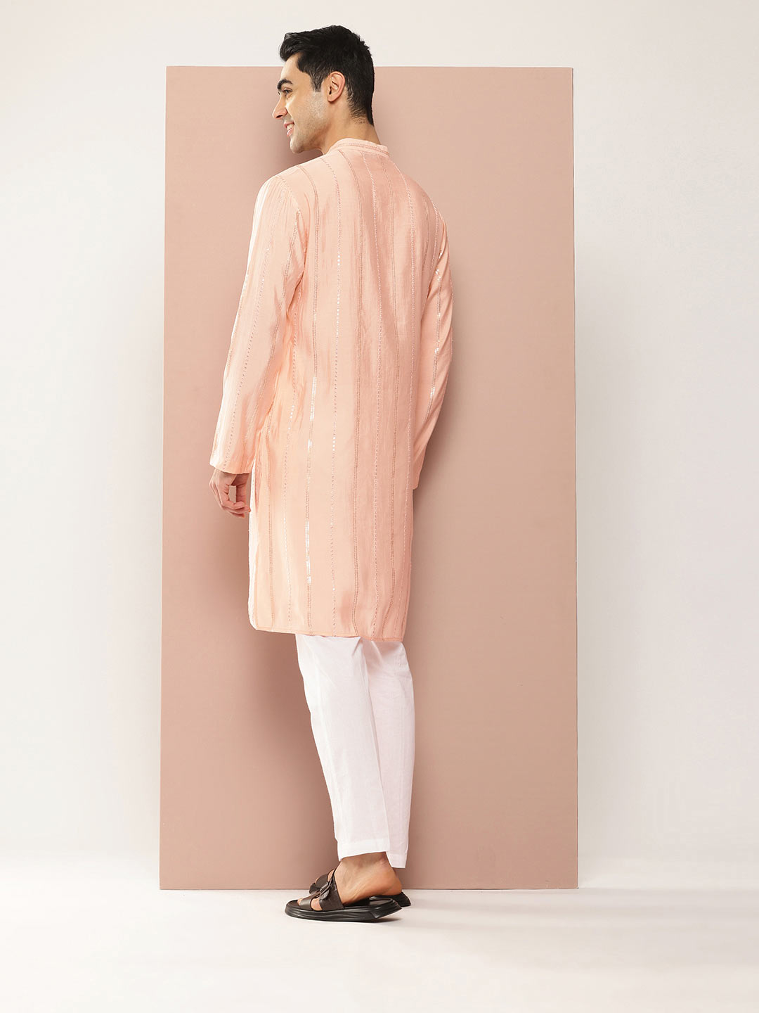 Men’s Light Pink Chanderi Silk Kurta with Embroidery and Sequins, Paired with Pyjama