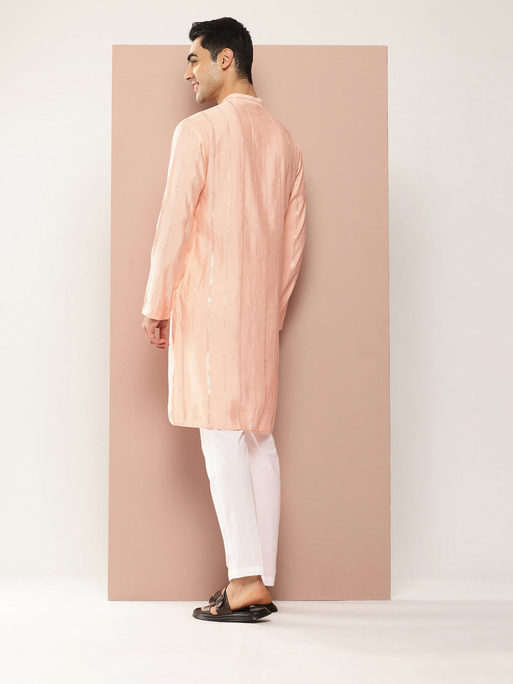 Men’s Light Pink Chanderi Silk Kurta with Embroidery and Sequins, Paired with Pyjama