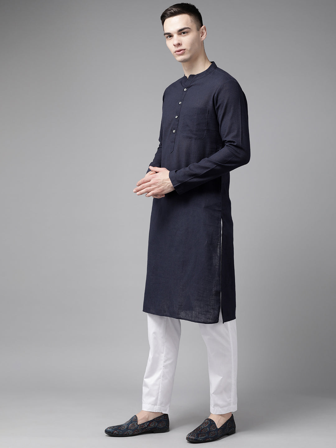 Men Blue And Maroon Printed Pure Cotton Kurta Pajama With Nehru jacket