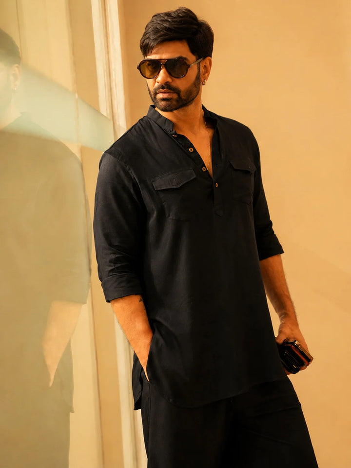 Men's Black Rayon Solid Pathani Set