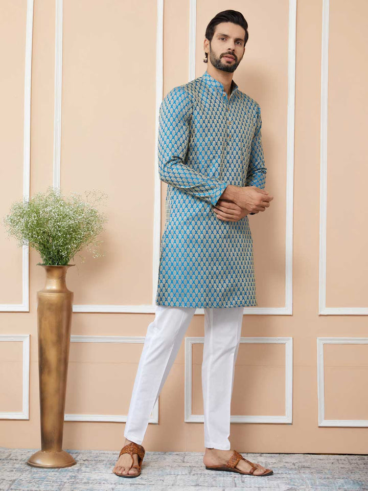 Blue-Beige Ethnic Motifs Silk Jacquard Woven Design Straight Kurta with Pyjama