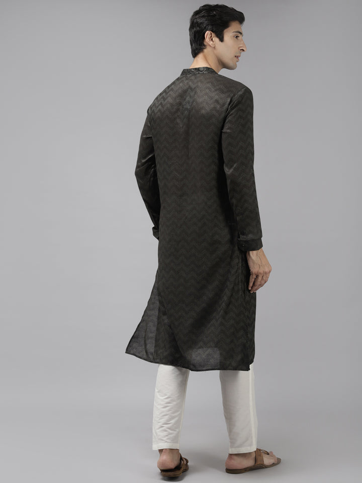 Men Olive & Beige Woven Design Thread Work Kurta With Pyjama