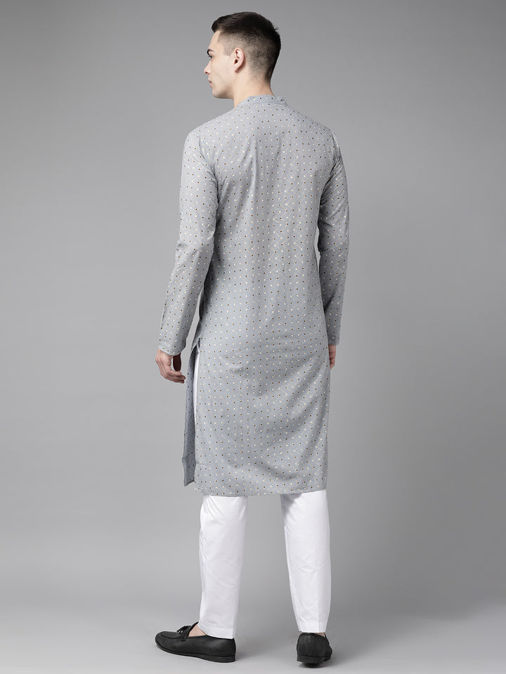 Men Grey & Gold Printed Straight Kurta