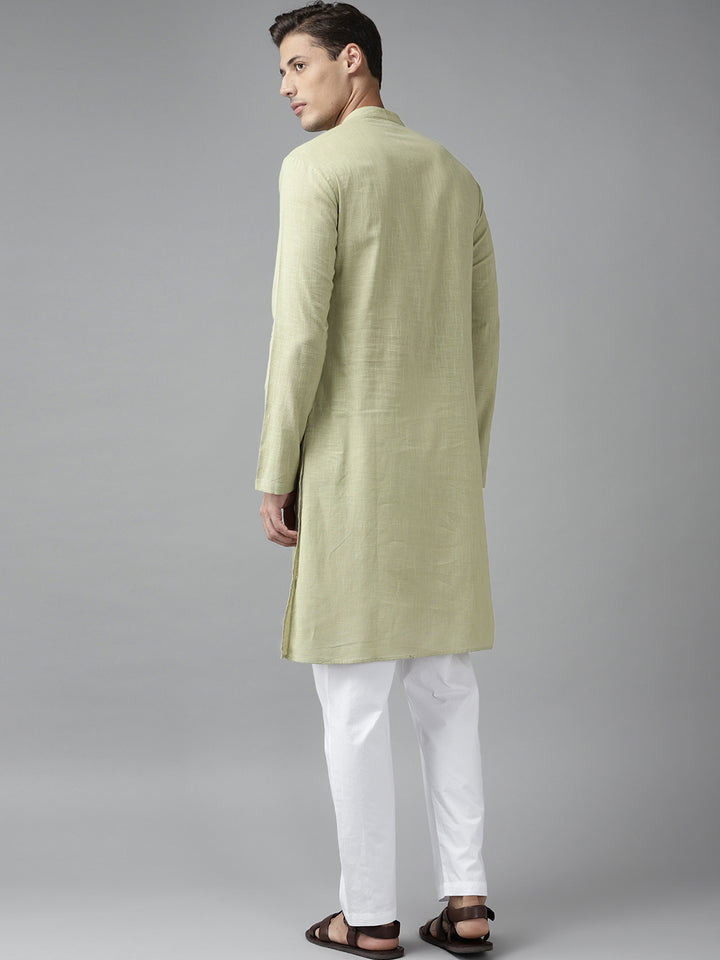 Men Green Cotton  Straight Kurta with Slub Effect