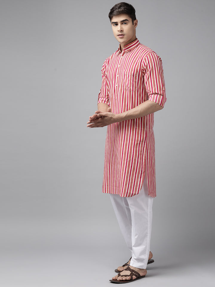 Men Fuchsia Pink Regular Pure Cotton Pathani Kurta with white Salwar