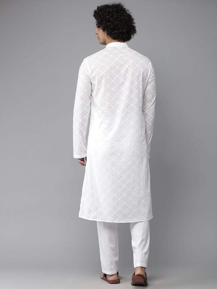 Men White Chikankari Embroidered Straight Kurta With Pyjama