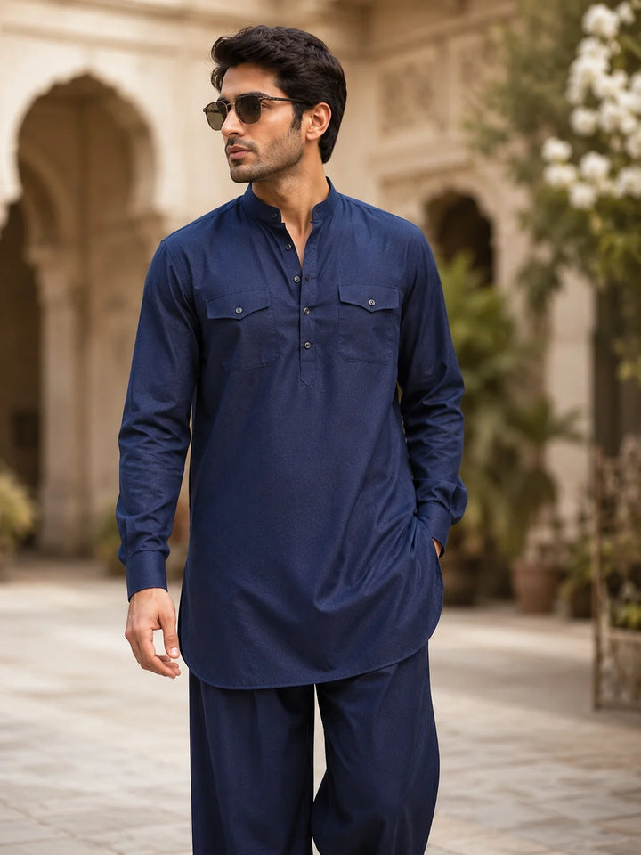 Men's Blue Rayon Solid Pathani Set