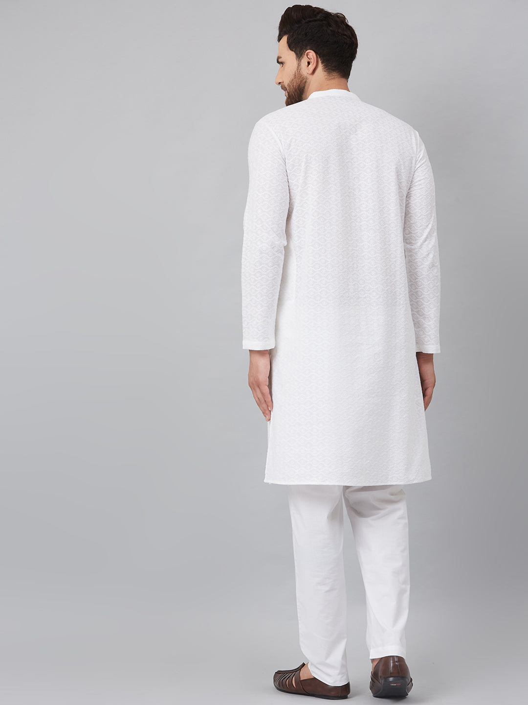 White Green Chikankari Embroidered Woven Design Straight Kurta With Pyjama