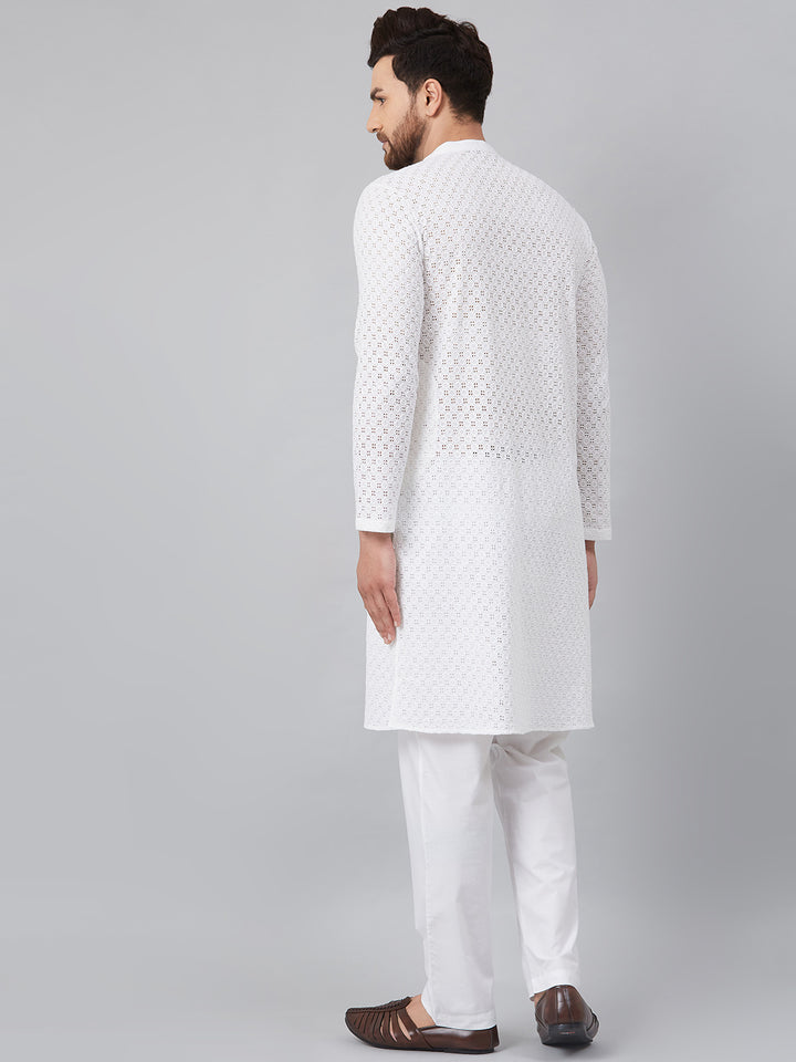 Men White Chikankari Embroidered Woven Design Straight Kurta