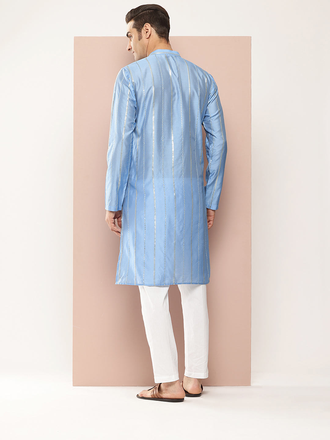Men's Turquoise Blue Sequins Embroidered Chanderi Silk Straight Kurta
