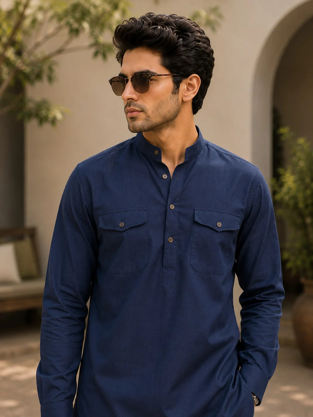 Men's Navy Blue Rayon Solid Pathani Set