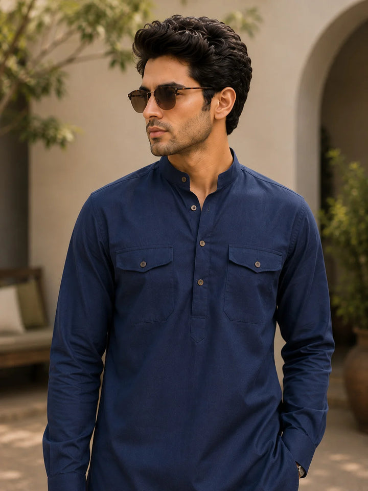 Men's Navy Blue Rayon Solid Pathani Set