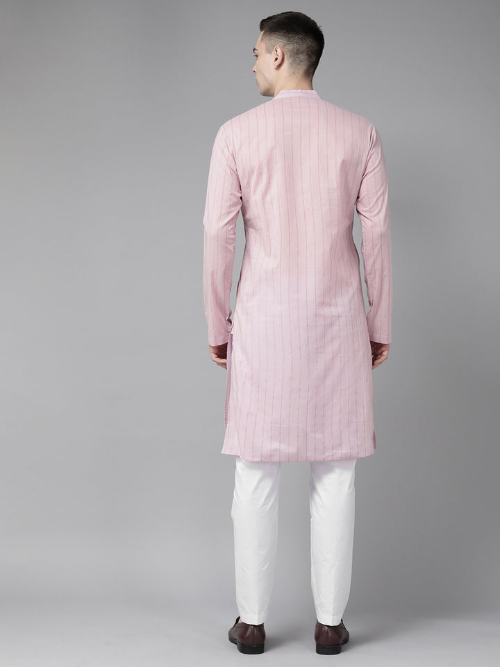 Men Pink & Maroon Stripe Printed Straight Kurta With Pyjama