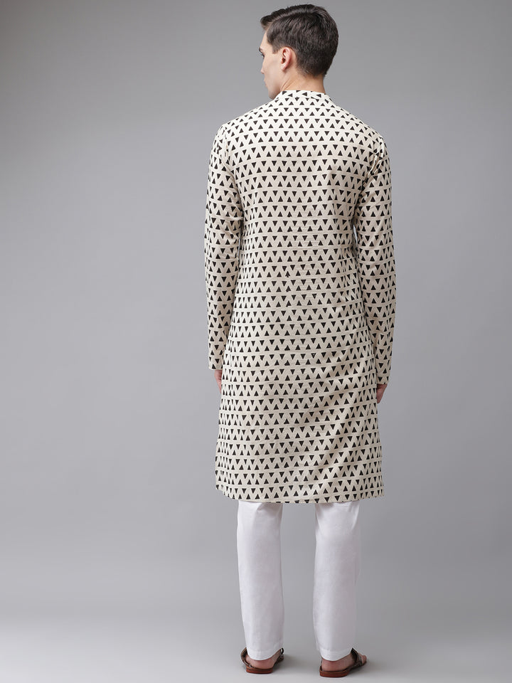 Men Beige And Black Hand Block Print Sustainable Straight With Kurta Pyjama