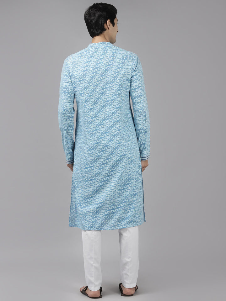 Men Blue And White Printed Straight Kurta