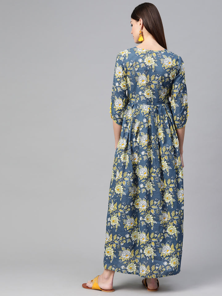 Blue & Yellow Floral Printed Maxi Dress
