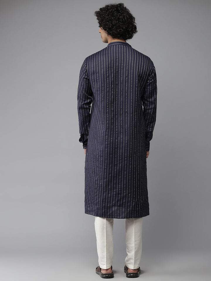 Men Blue And Grey-Toned Woven Design Kurta With Pyjama