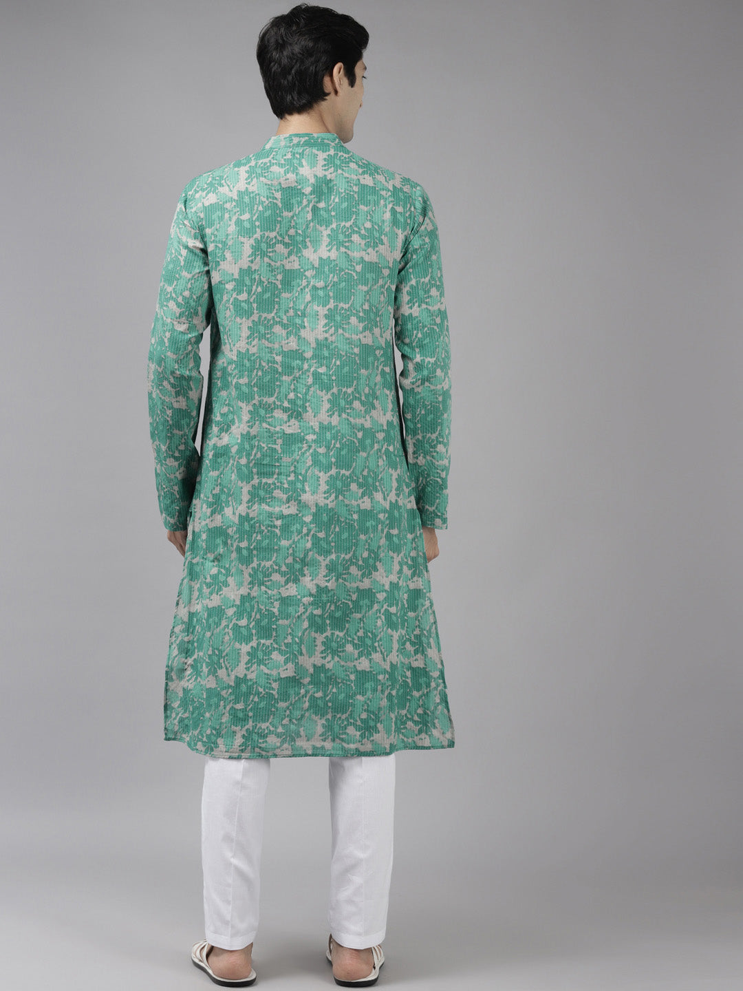 Men Green And Beige Printed Pure Cotton Straight Kurta