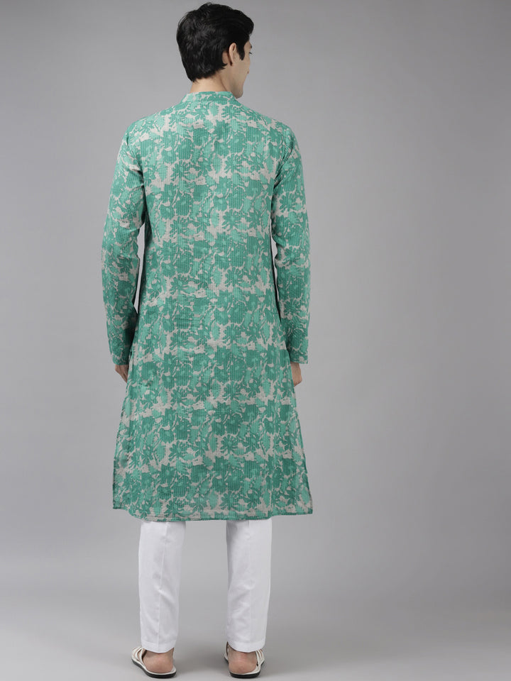 Men Green And Beige Printed Pure Cotton Straight Kurta