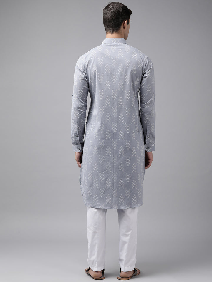 Men Light Grey Regular Pure Cotton Pathani Kurta with white Salwar