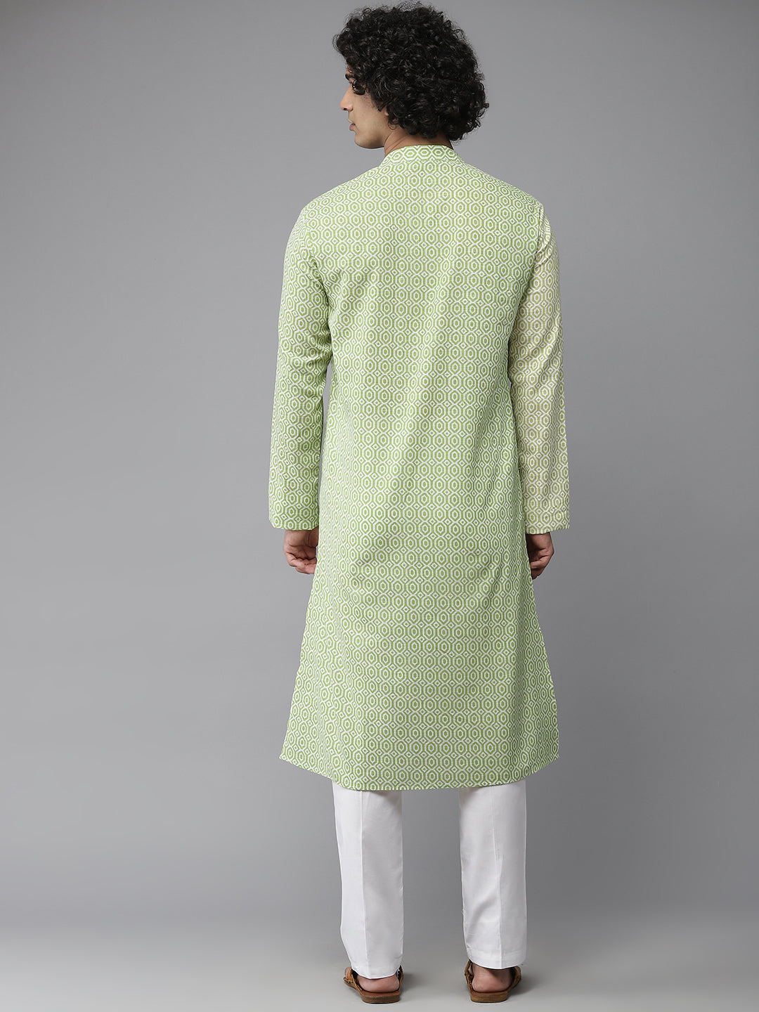 Men Lime Green & White Printed Pure Cotton Straight Kurta With Pyjama