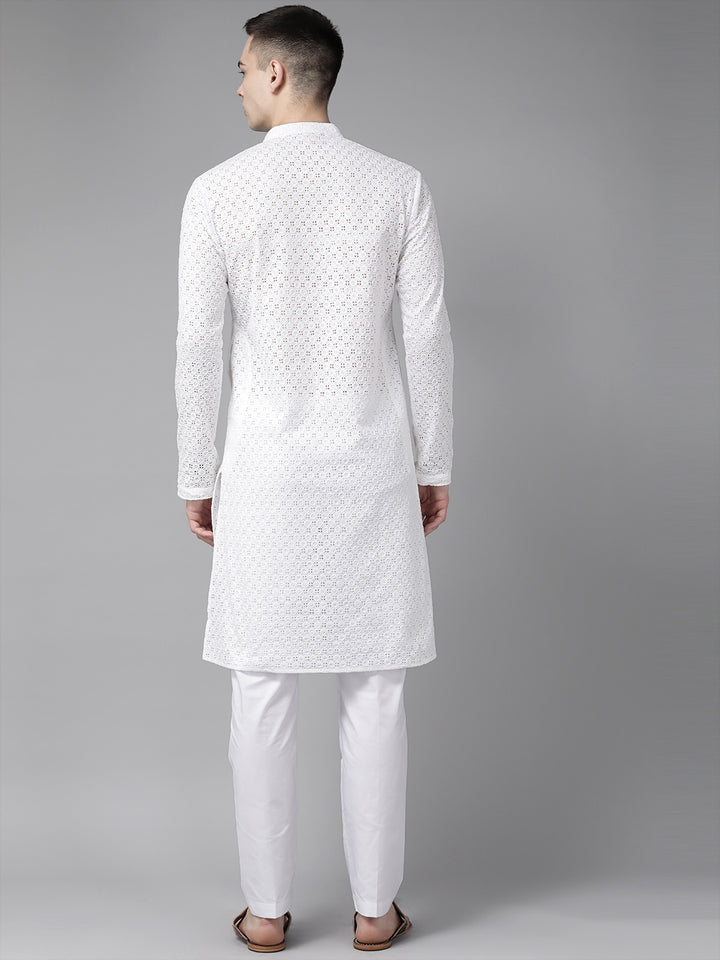 Men White Pure Cotton Chikankari Embroidered Straight Kurta