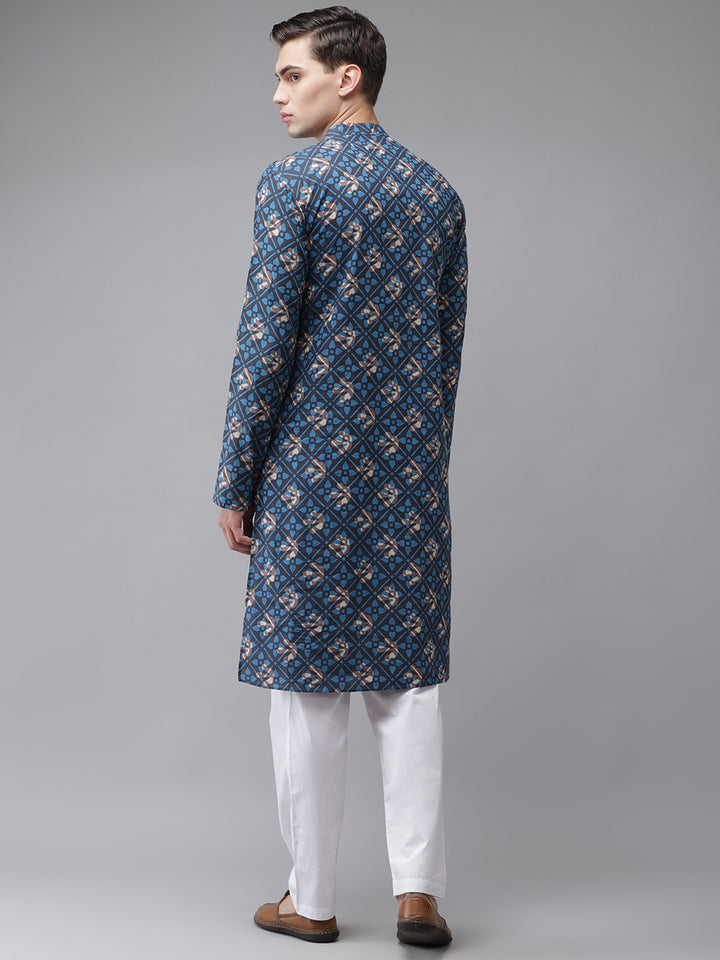 Men Blue And Beige Printed Straight With Kurta Pyjama