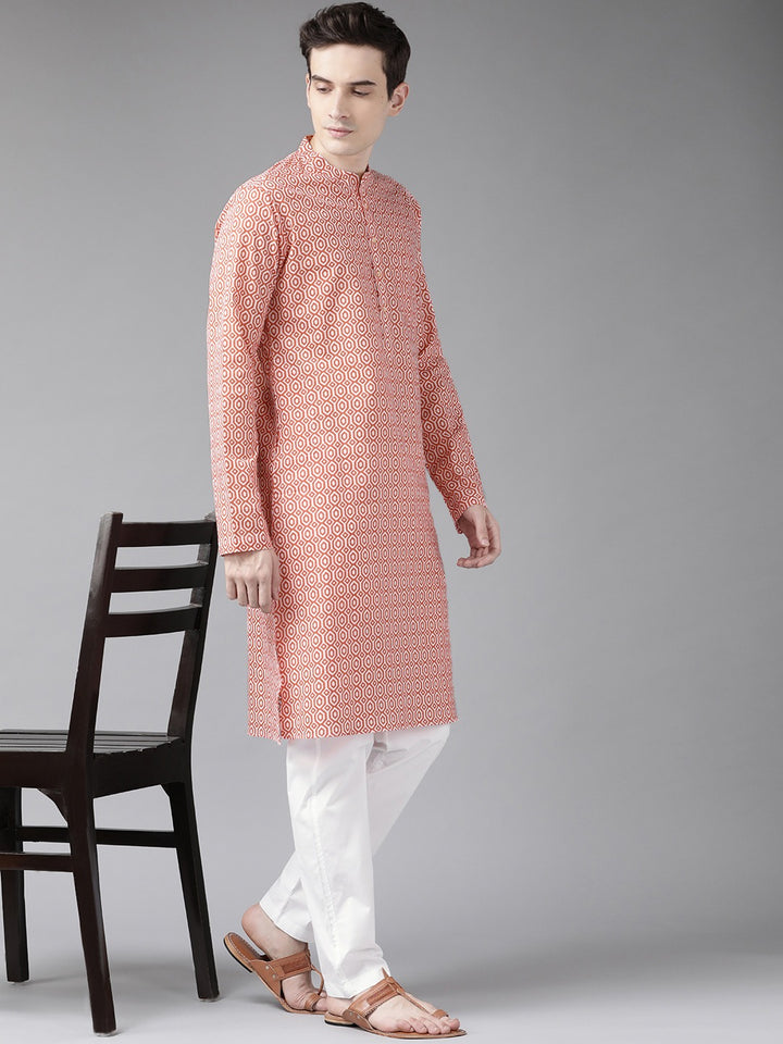 Men Peach And White Printed Straight Kurta