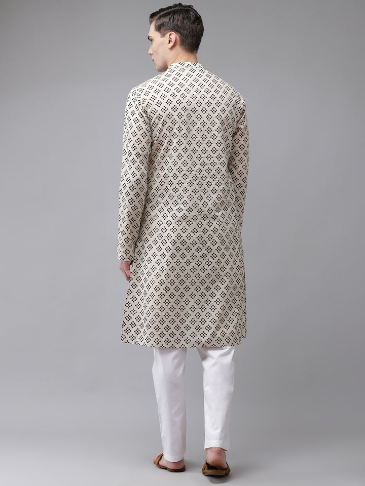 Men Beige And Black Hand Block Print Sustainable Straight With Kurta Pyjama