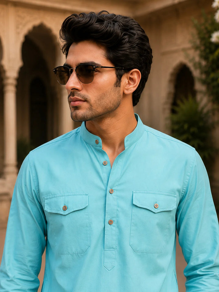 Men's Light Blue Rayon Solid Pathani Set