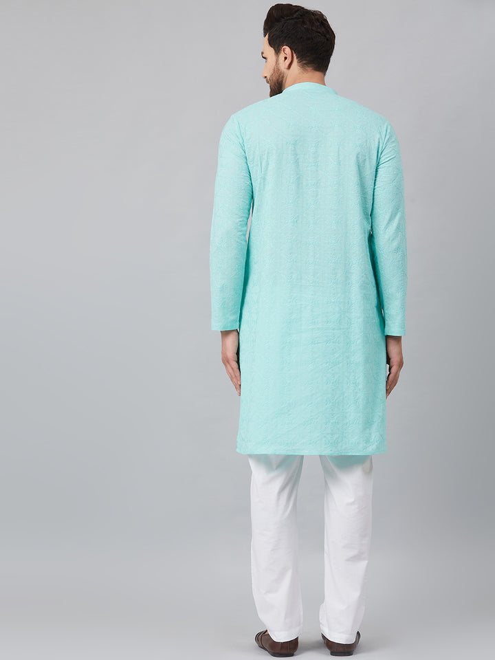 Lime Green Chikankari Embroidered Woven Design Straight Kurta With Pyjama
