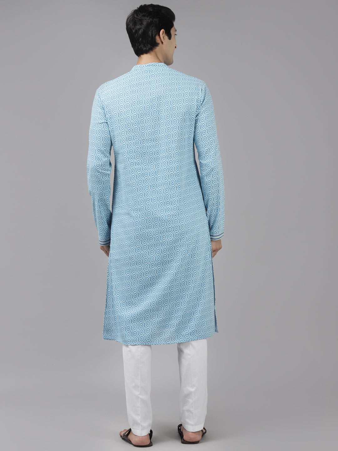 Men Blue & White Printed Straight Kurta With Pyjama