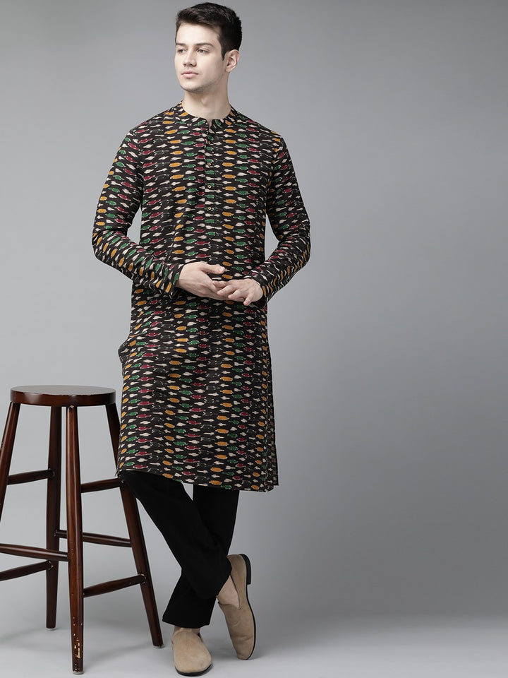 Men Black And Gold Kalamkari Block Printed Straight Sustainable Kurta