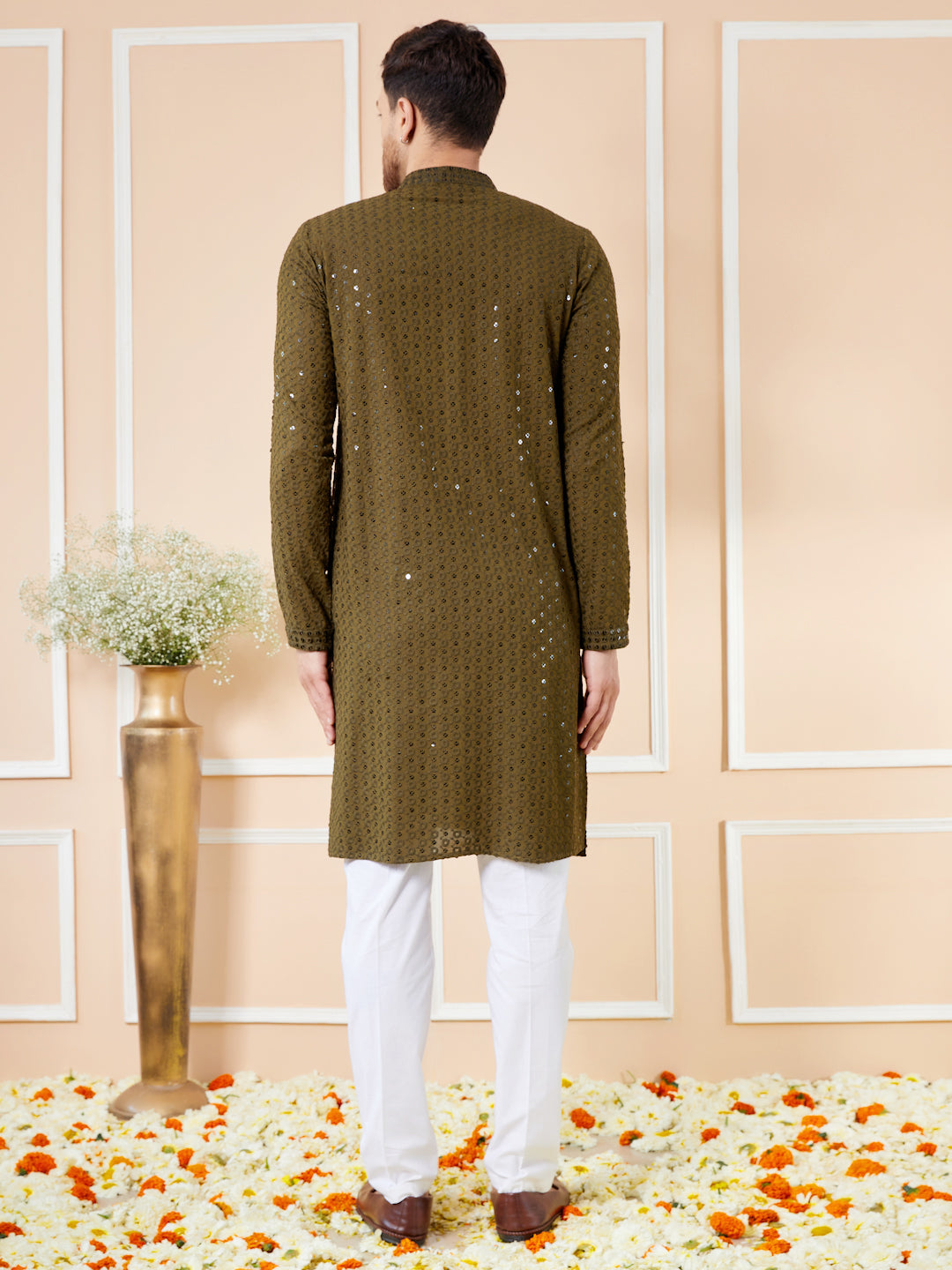 Olive Sequins Embroidered Rayon Kurta with Pyjama