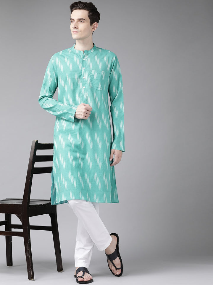 Men Turquoise Blue And White Printed Straight Kurta