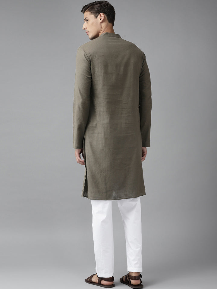 Men Khaki Cotton Slub Straight Kurta With Pyjama