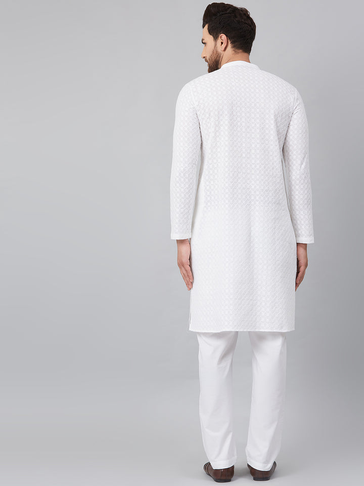 Men White Chikankari Embroidered Woven Design Straight Kurta