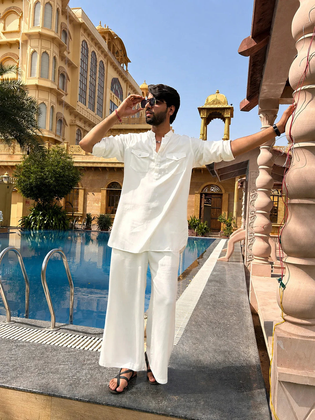 Men's White Rayon Solid Pathani Set