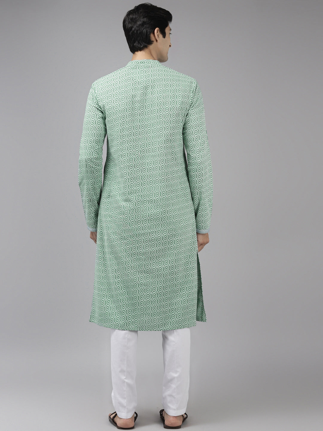 Men Green & White Printed Pure Cotton Straight Kurta With Pyjama