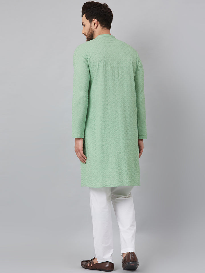 Men Green Chikankari Embroidered Woven Design Straight Kurta