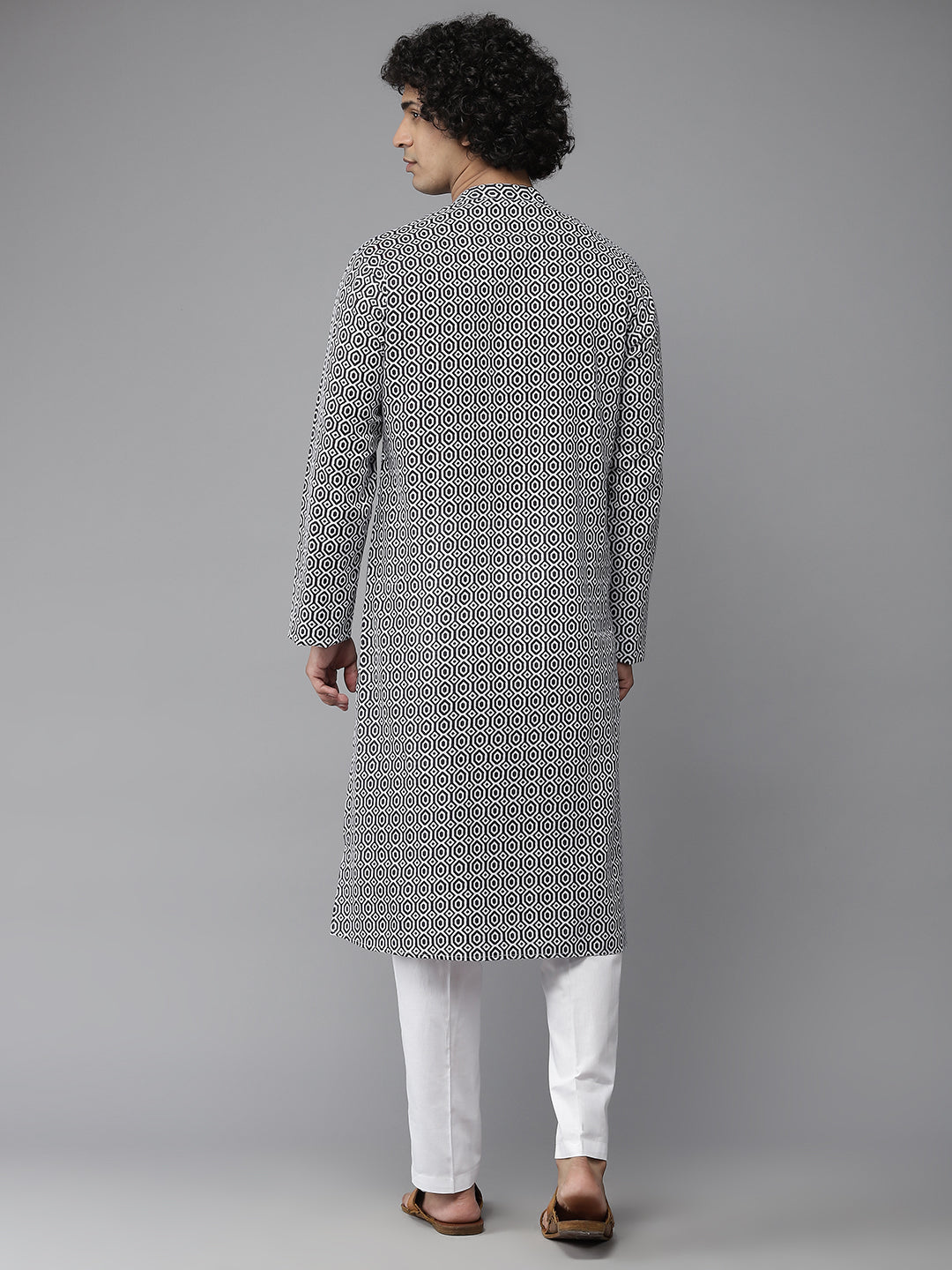 Men Navy Blue-Coloured And White Printed Pure Cotton Straight Kurta With Pyjama